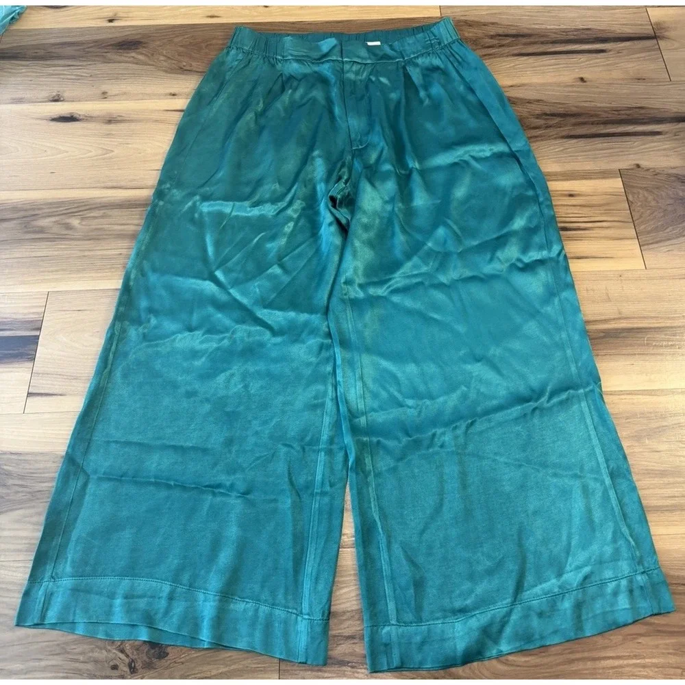 💚Free People Satin Palazzo Pants L Emerald Green Wide Leg High Rise Viscose